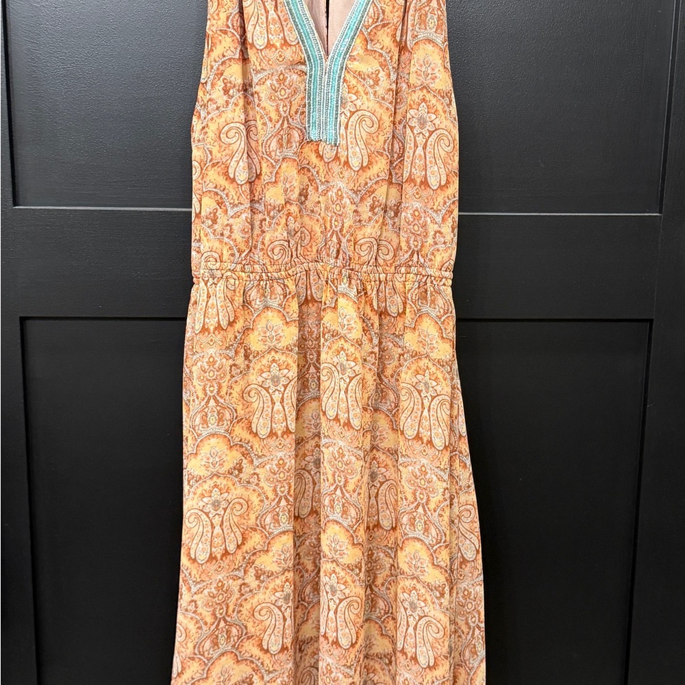 MM Couture Orange and Tan Paisley High-Low Maxi Dress